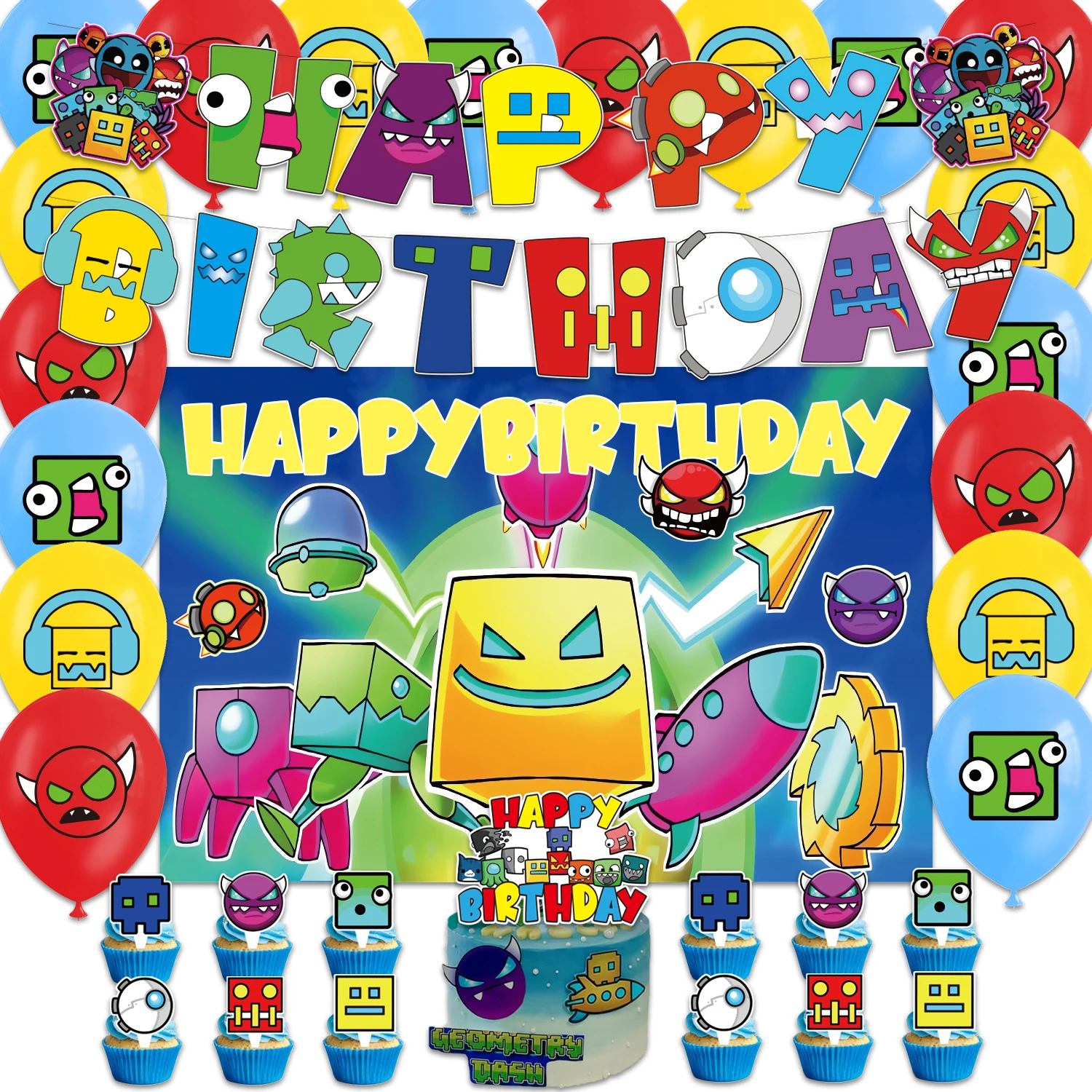 Image of Geometrie-Geburtstagsparty-Dekorationen: Inklusive Banner, Cupcake-Topper, Hängewirbel und Luftballons – Perfekt für Dash-Party-Zubehör
