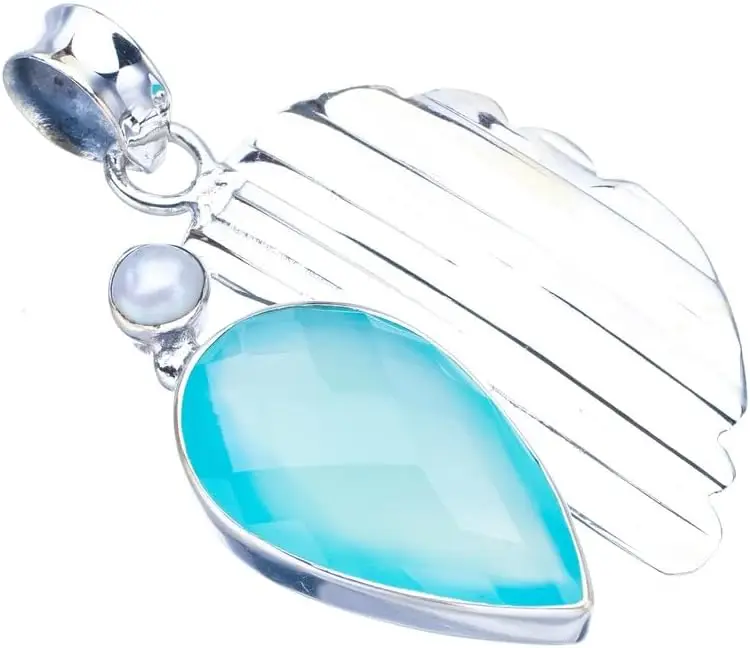 

Hesy StarGems Natural Chalcedony River Pearl Leaf Handmade 925 Sterling Silver Pendant 1.5" F3972