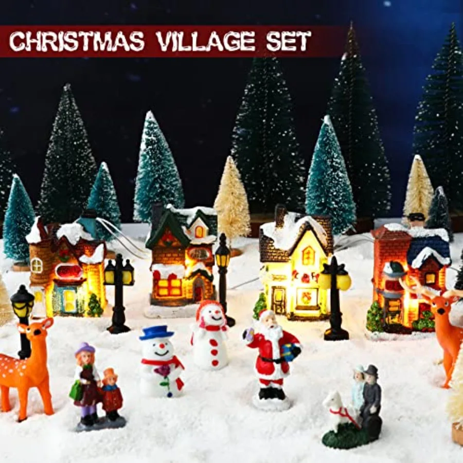 31 Pcs Christmas Village Figurines Decoration Set Lighted LED Christmas Village Houses with Figurines Snow Blanket Roll for Xma