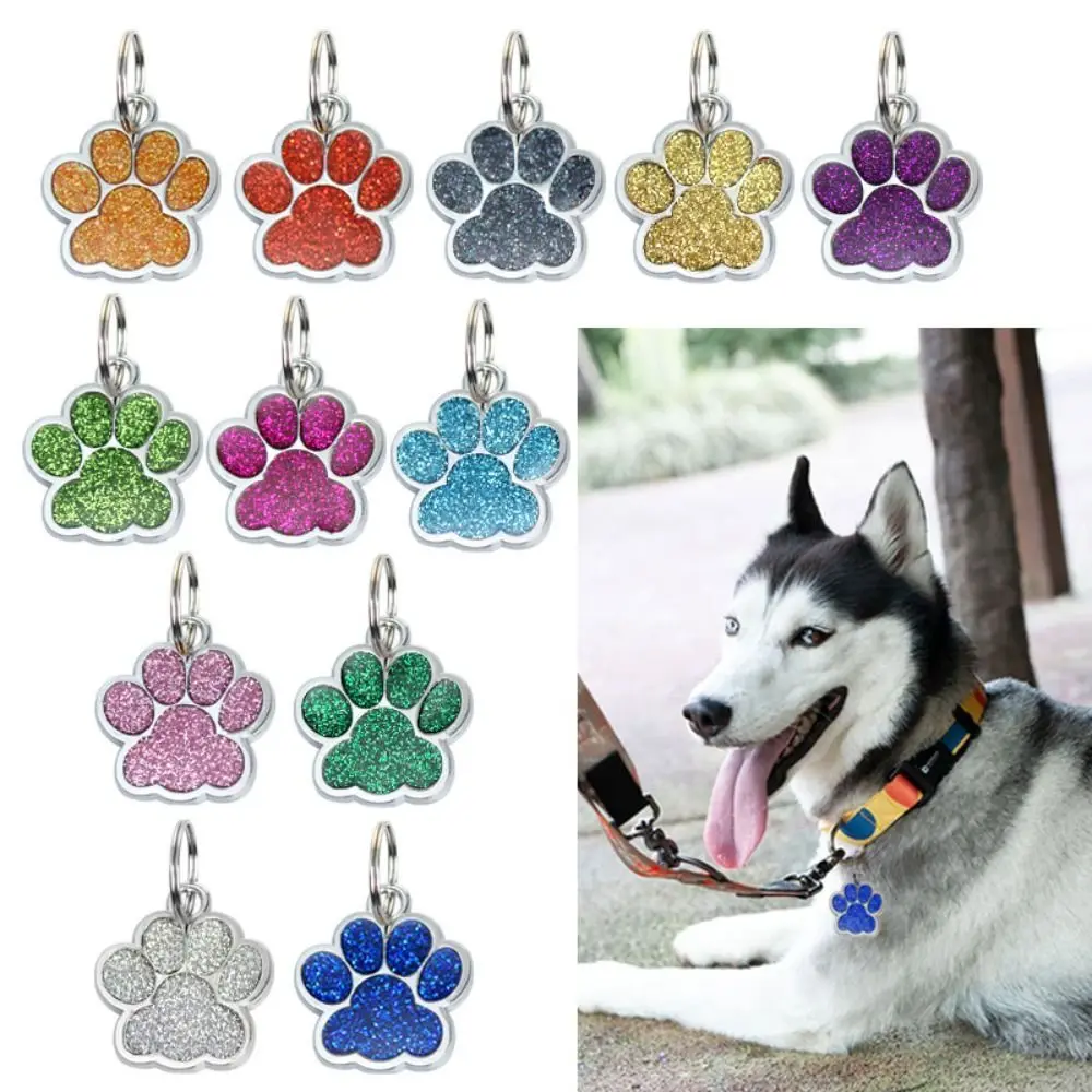 Personalized Dog Cat Tags Engraved Cat Dog Glitter Pendant Paw Print Custom Puppy Pet ID Name Collar Tag Pendant Pet Accessories