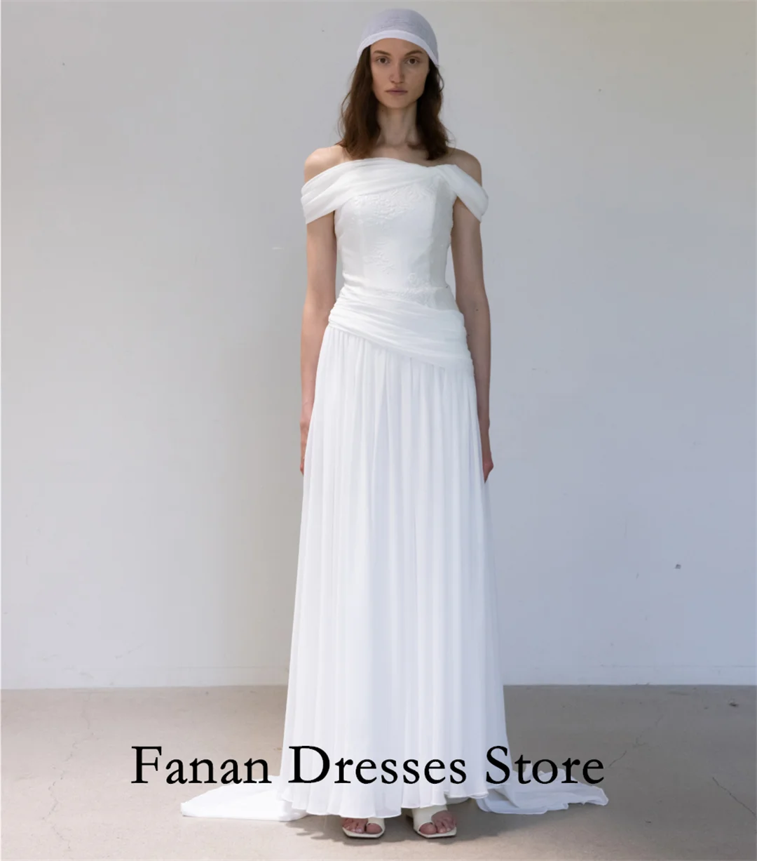 FANAN Corea Monospalla Elegante Chiffon A-Line Increspato Sweep Train Abiti da sposa Garona Avorio Personalizzato Pretty Brid