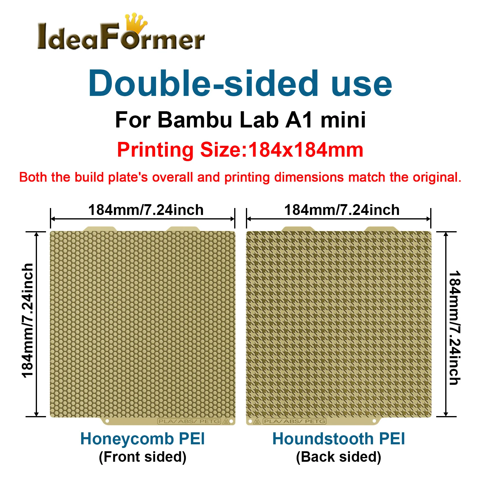 

For Bambu Lab A1 Mini Build Plate Texture Pei Spring Steel 184*184mm Smooth PET PEO Sheet For Bambu Lab A1 Mini