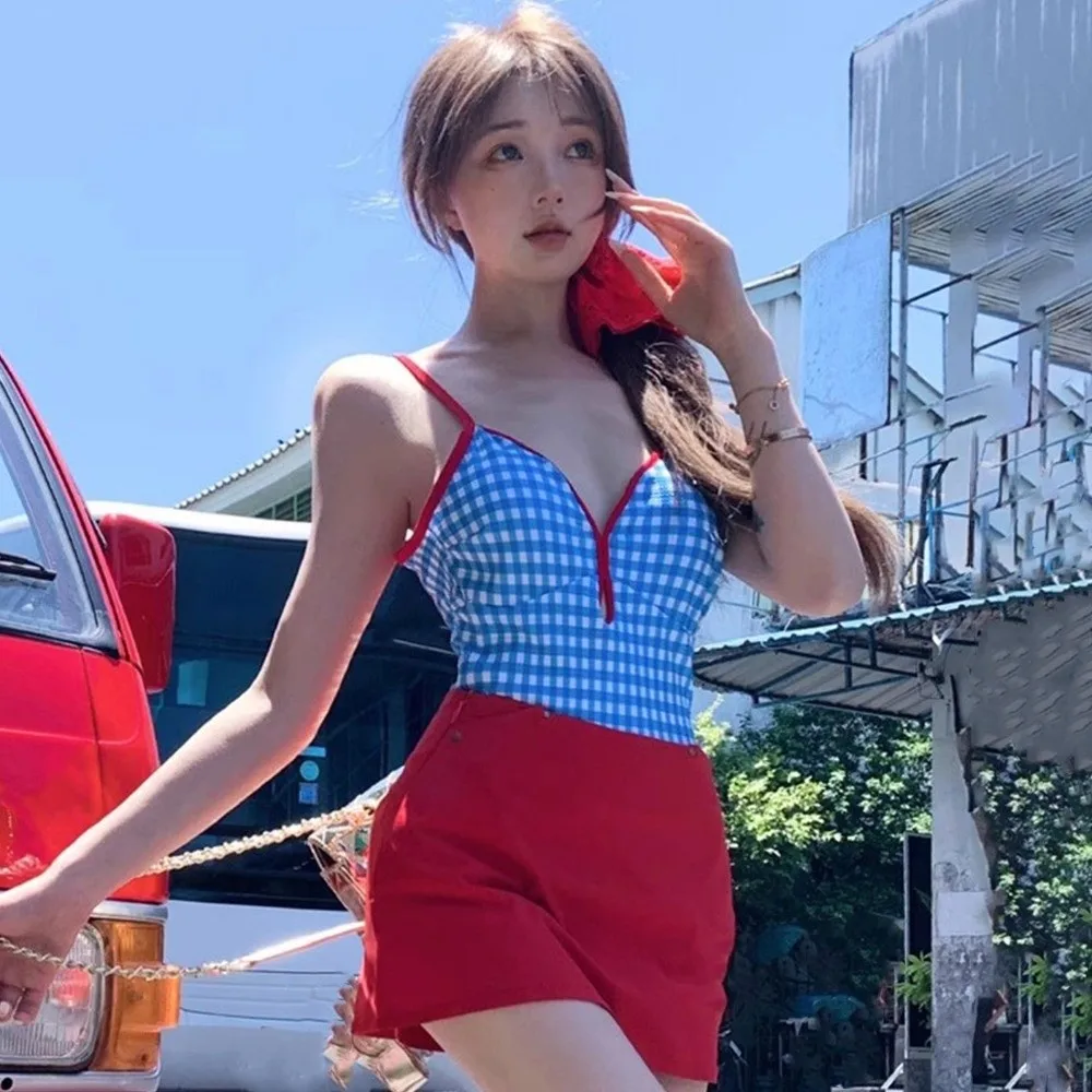 

Fashion Slimming Design Plaid Swimsuit Suit Scalloped Rim Backless Skirt Bathing Suit Fresh Blue Swimwear Bikini Set Ladies