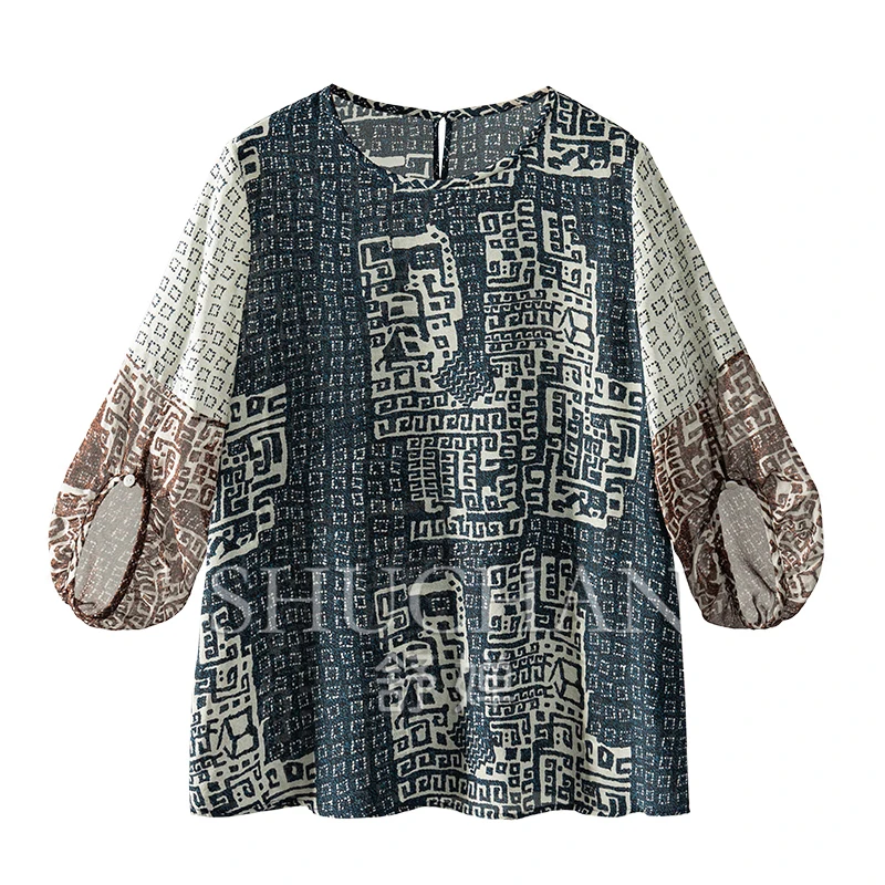 

Indie Folk Print 100% Natural Silk Blouse Women Thin Summer 2024 Three Quarter Lantern Sleeve Blusas De Mujer