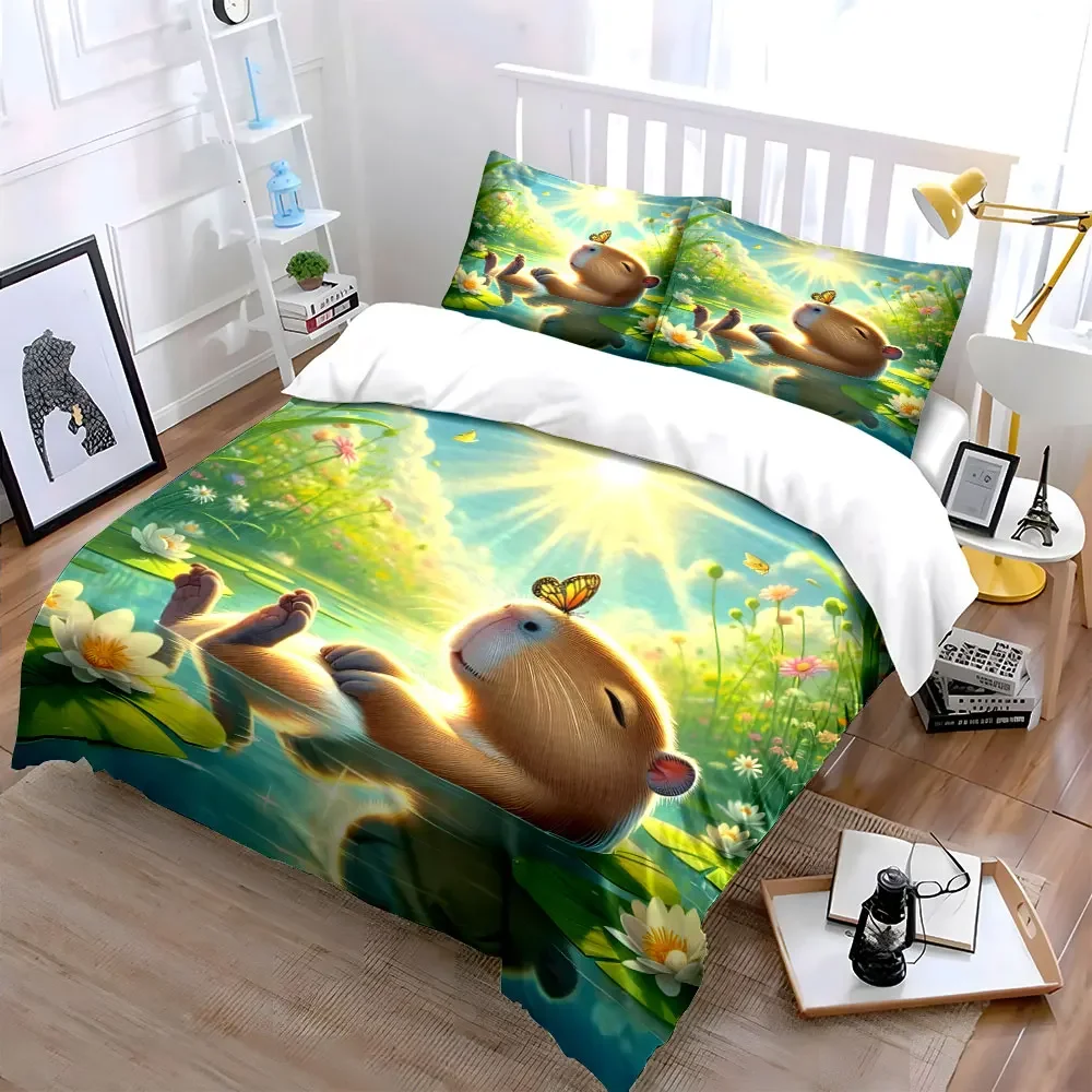 Relaxing Capybara Bedding Set, Cartoon Capybara Bathing in Pond with Lotus and Butterfly Print 3Pcs, kids gift
