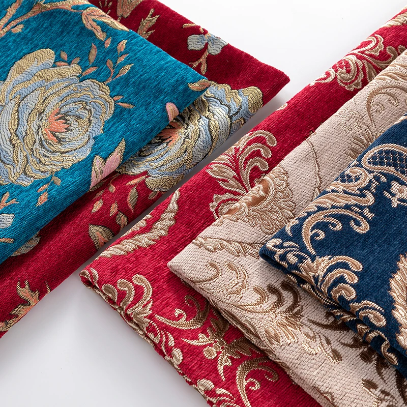 Jacquard Chenille Fabric By The Meter for Sofa Covers Cushions Tablecloth Sewing Thickened Cloth Flower Blue Red Fashion Textile