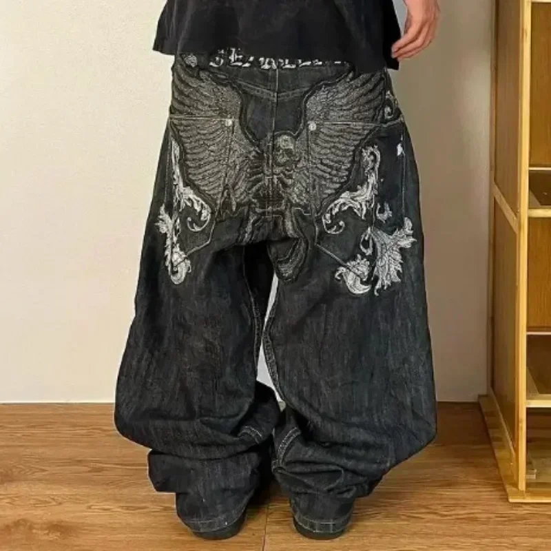 

Harajuku Hip-hop 2024 New American Retro Skull Wings Embroidered Baggy Jeans Men And Women Y2K Gothic Wide Trousers Streetwear