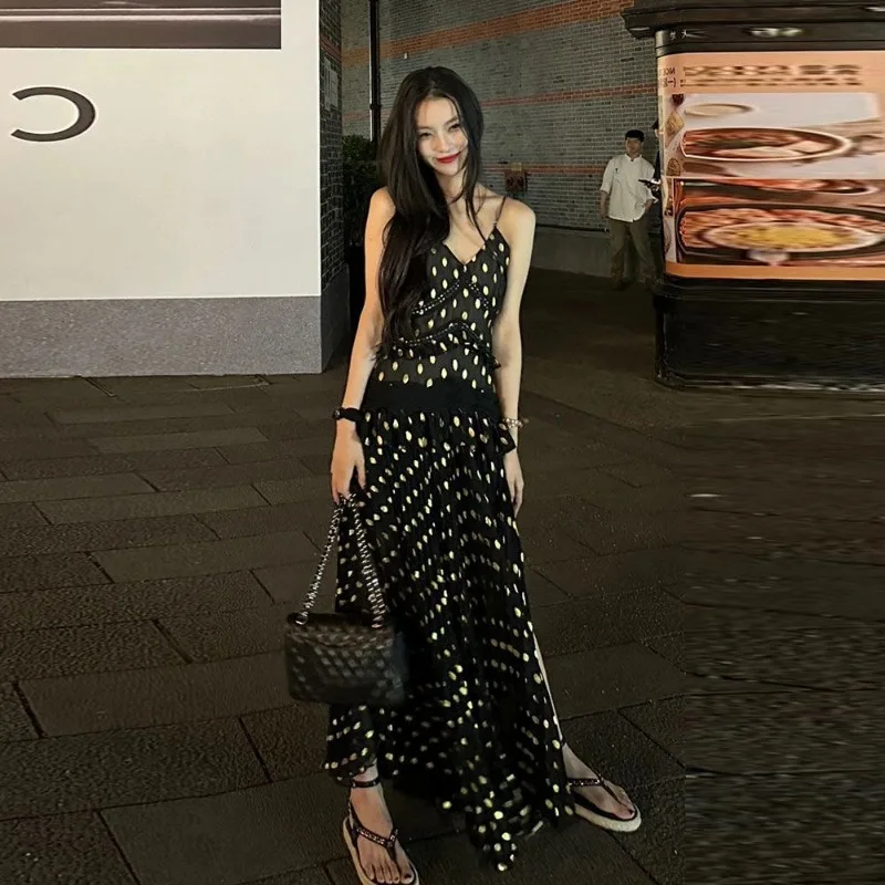 Korean Fashion Split Polka Dot Long Skirt French High-end Temperament Vacation Style Black Camisole Dress Female Clothing