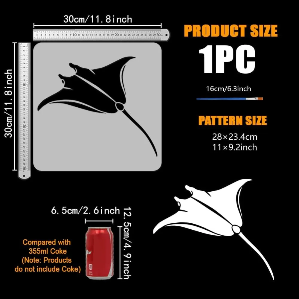 Manta Ray Painting Template with Brush 11.8x11.8inch Fish Silhouettes Painting Template Marine Animal Theme Painting Stencil