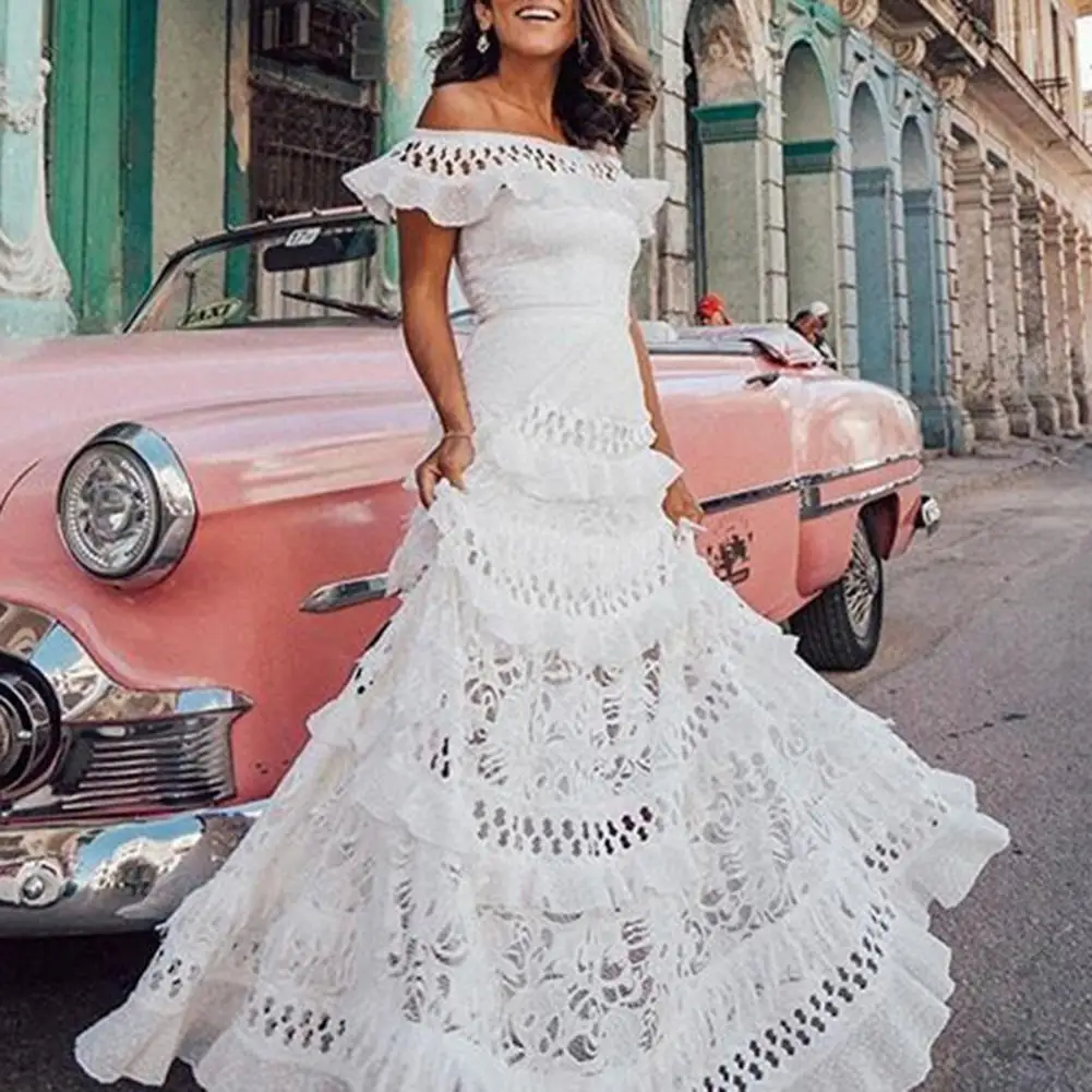 

Women Maxi Dress Elegant Off Shoulder Maxi Dress With Floral Embroidery Ruffle Lace Detail For Prom Wedding Or Party Events