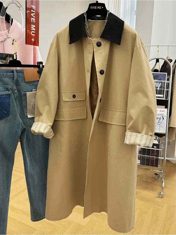 

Y2K Fashion Patchwork Cargo Jacket Women Autumn Korean Chic Lapel Midi Windbreaker Bf Long Sleeve Loose Streetwear Overcoat
