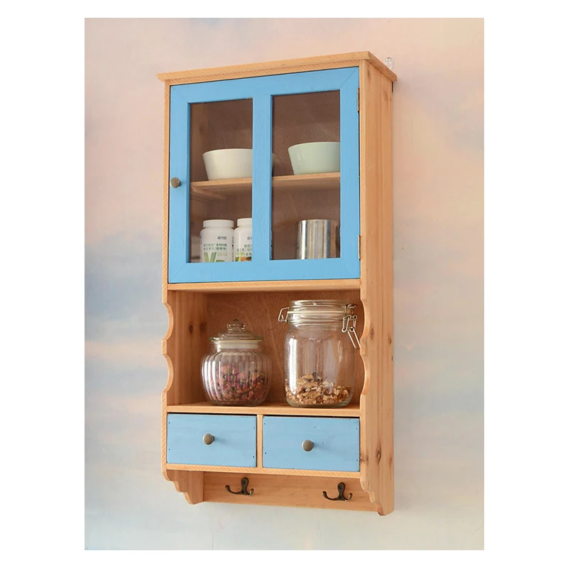 

Wooden Kitchen Cupboard Nordic Wall-Mounted Cabinet Shelf Drawers With Hooks Zakka For Bathroom Bedroom