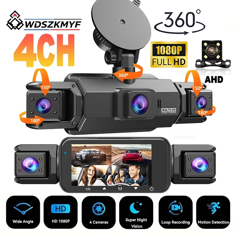Car Dash Cam 1080P 3/4 Channels 360 Degree Car DVR Dashboard Camera 24H Parking Mode G-Sensor Front Rear Left Right Recorder