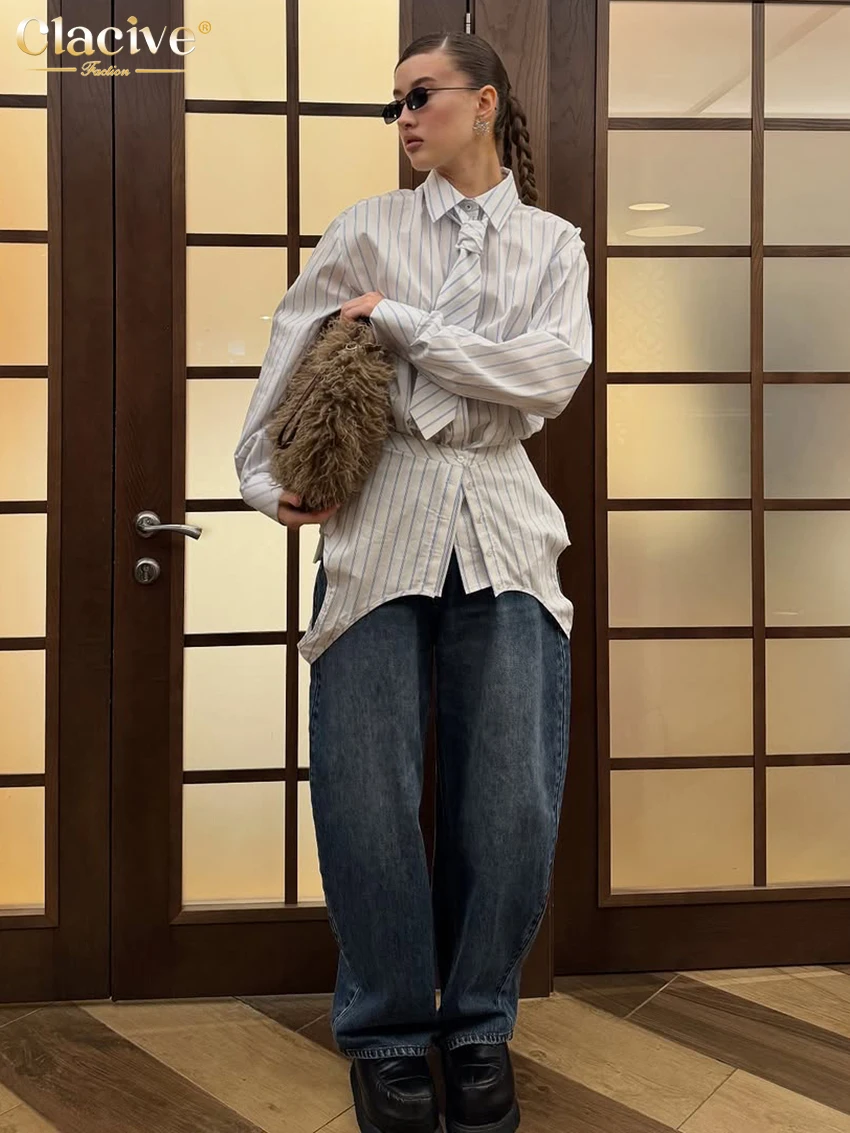Clacive moda solta impressão blusa feminina 2026 casual lapela camisa de manga longa elegante gravata cinto topo 2 peças roupas femininas