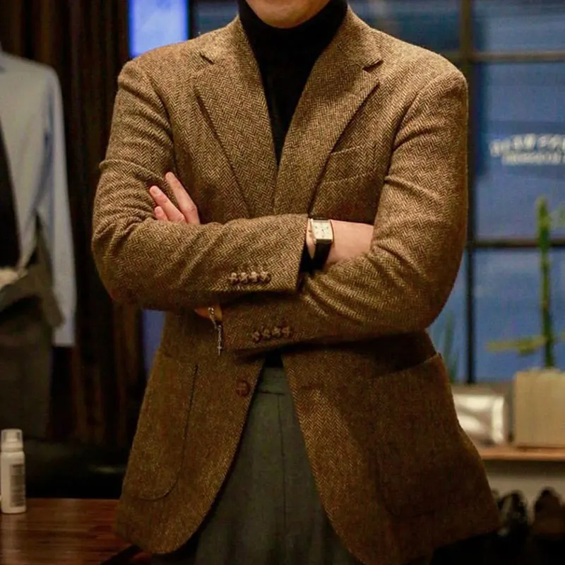

Retro British Tweed Men's Woolen Outwear Brown Wool Tweed Suit Herringbone Pattern Autumn and Winter Slim Fit Suit