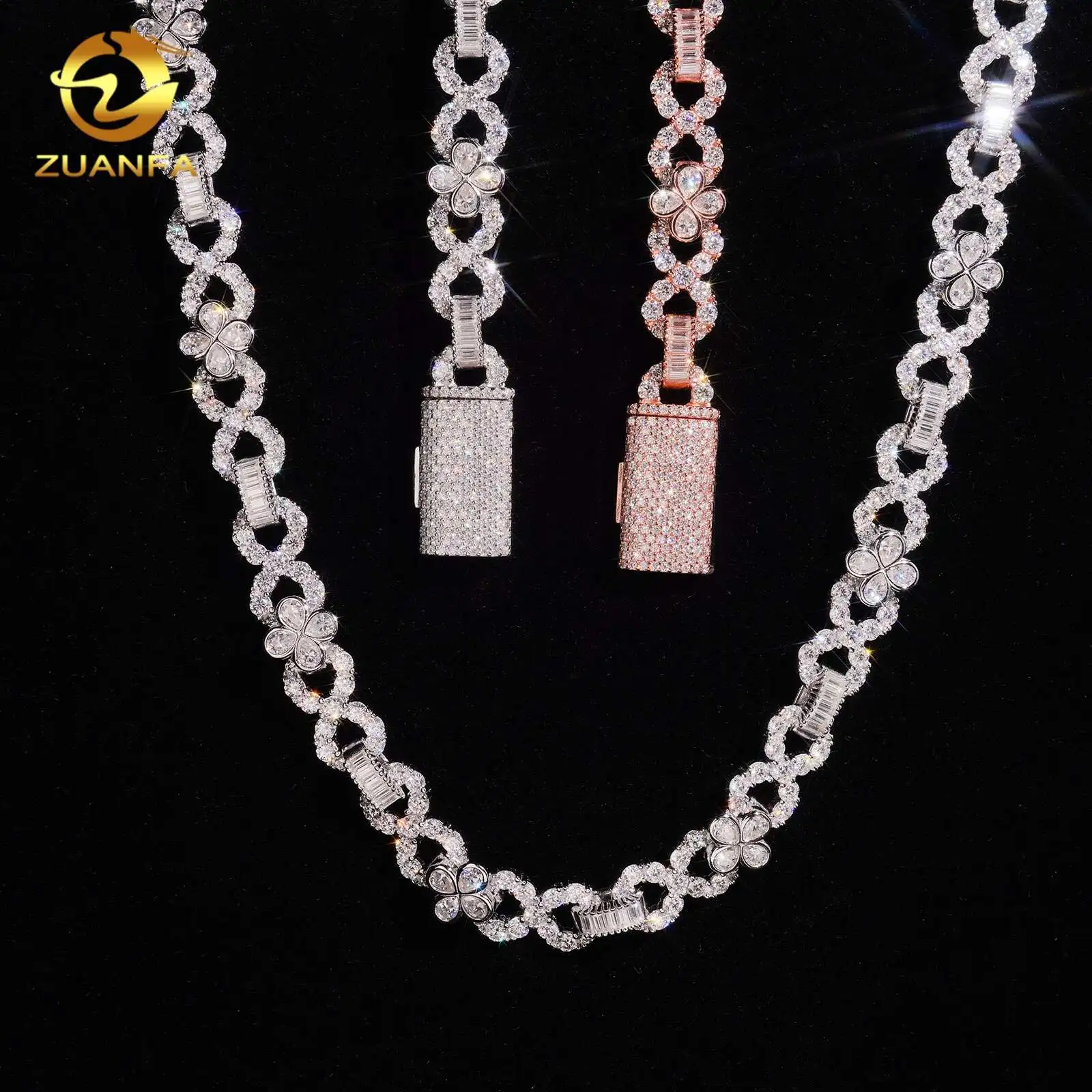 Design New Hip Hop Jewelry 10mm Infinite Cuban Link Moissanite 925 Silver Iced Out Moissanite Cuban Chain with Flower.