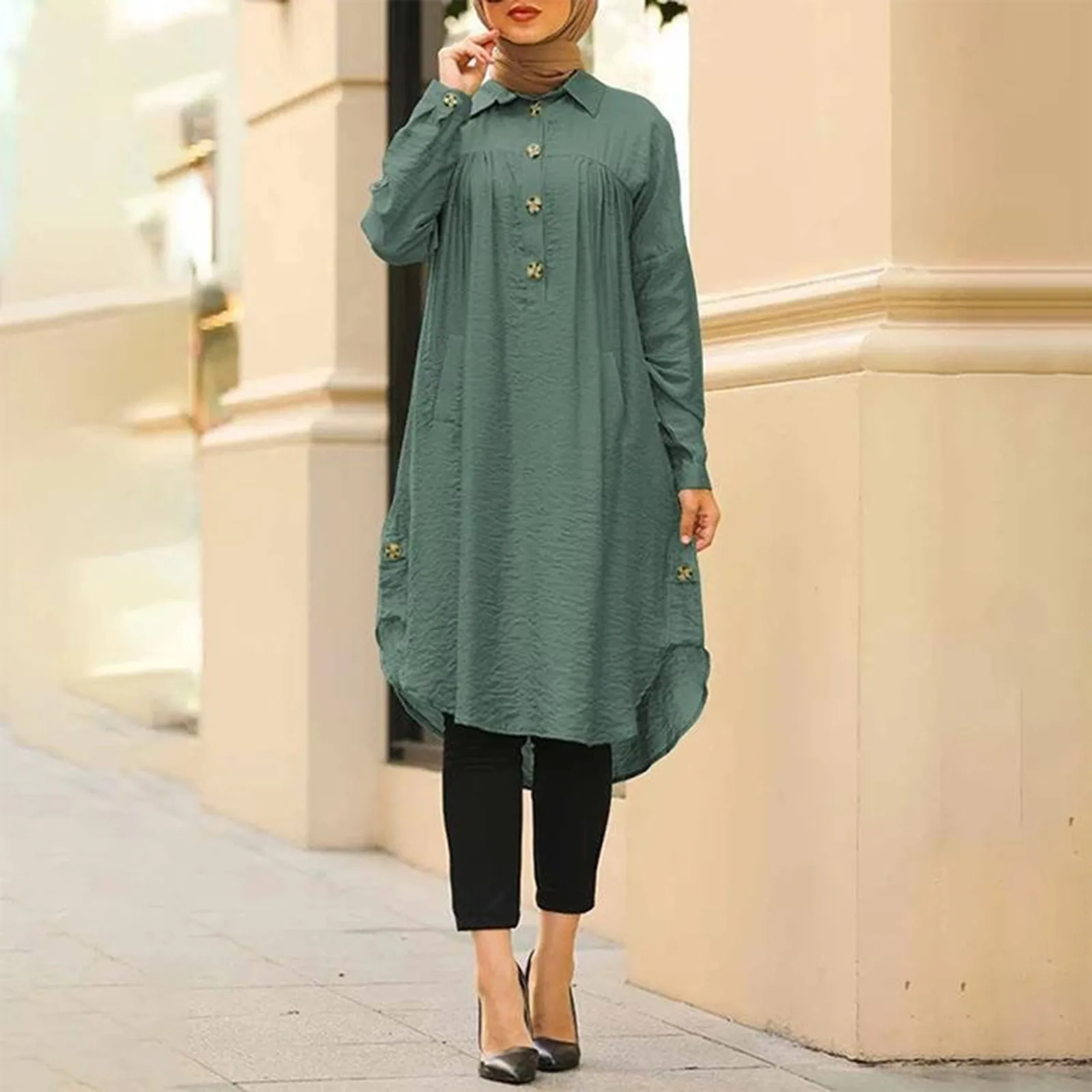 

2024 Summer Muslim Solid Blouse for Women Simple Cotton Linen Long Shirt Saudi Arabia Islam Femme Tops Lady A-Line Shirt Dresses