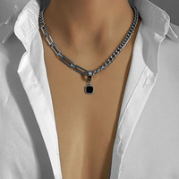 2022 Trendy Hip Hot Black Square Pendant Necklace Men Asymmetric Stainless Steel Cuba Chain Necklace For Men Jewelry YZ-08