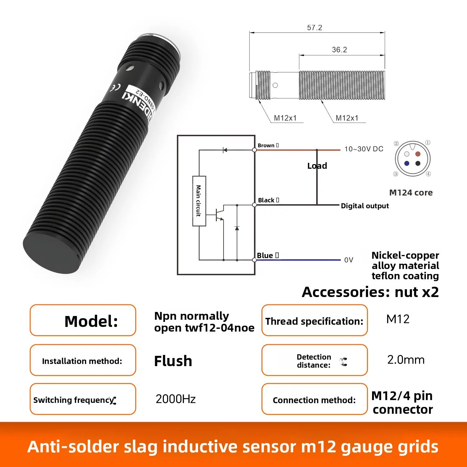 AKUSENSE TWF18-08NOE Anti-Welding Slag Inductive Proximity Sensor IP67 15mm Sensing Distance M12 4-Pin Unshielded NPN/PNP
