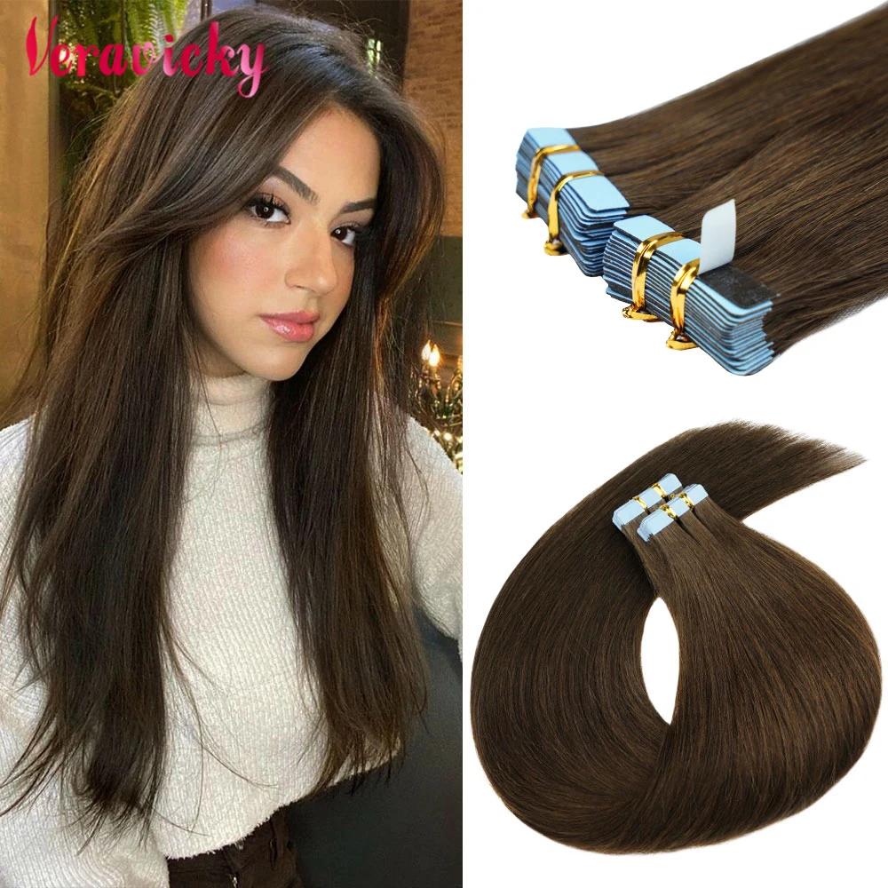 Veravicky Tape in Human Hair Extensions Invisible Straight for Women 20 Pcs/50g Seamless Skin Weft Chocolate Brown