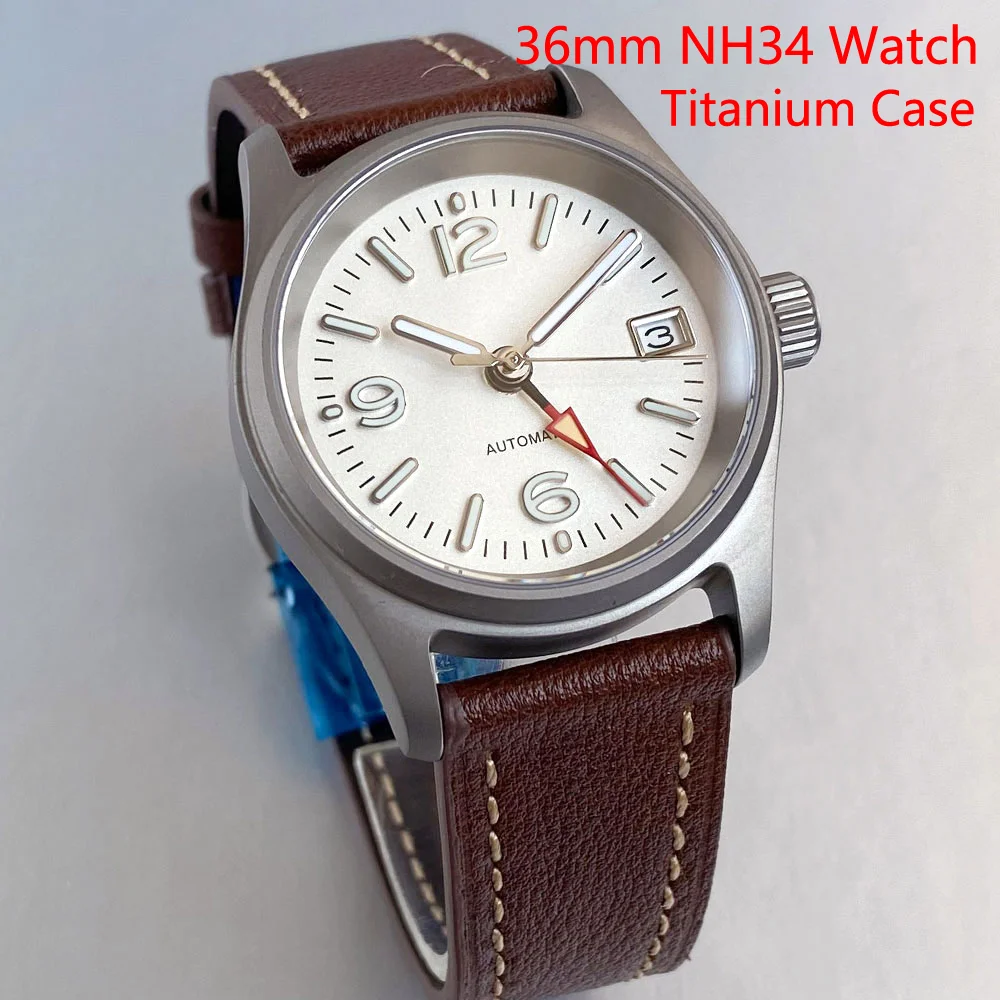 تخصيص الطيار التيتانيوم حالة 36 مللي متر المجال NH34 ساعة أوتوماتيكية الرجال 20ATM الياقوت الزجاج تاريخ نافذة المسمار تاج حزام من الجلد