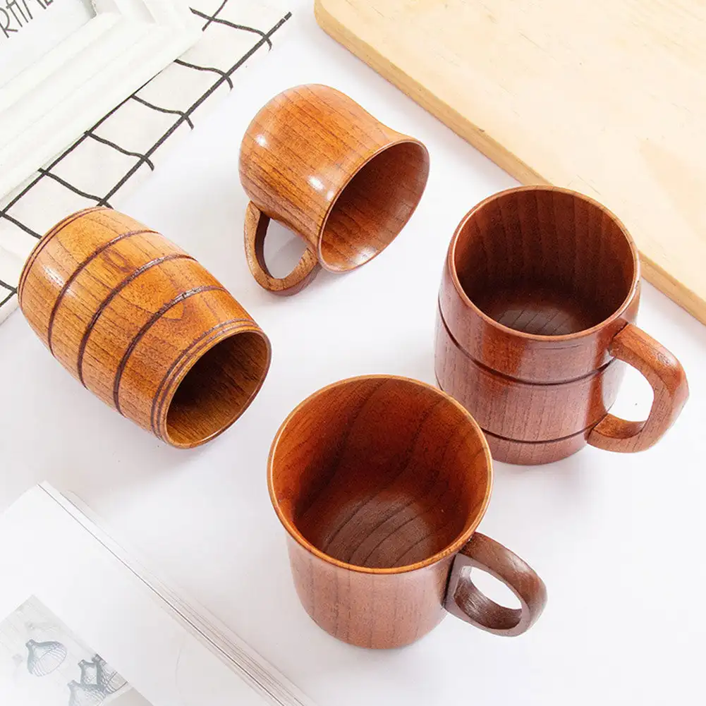 Sour Jujube Wooden Big Belly Cup Handmade Water Coffee Mug Tea Beer Juice Milk Mugs Drink Cups With Handle Kitchen Bar Drinkware