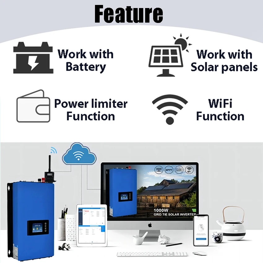 1000W Solar Grid Tie Inverter DC 45V-90V MPPT with Limiter wifi optional for PV Panels Battery Discharge Home On Grid Connected