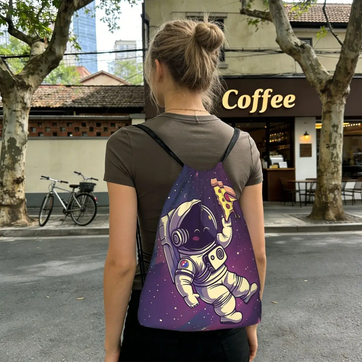 Astronaut mit Pizza im Weltraum, Cartoon-Rucksäcke, lässige Kordelzugtaschen, Sporttasche, Büchertaschen für Männer, Frauen, Studenten