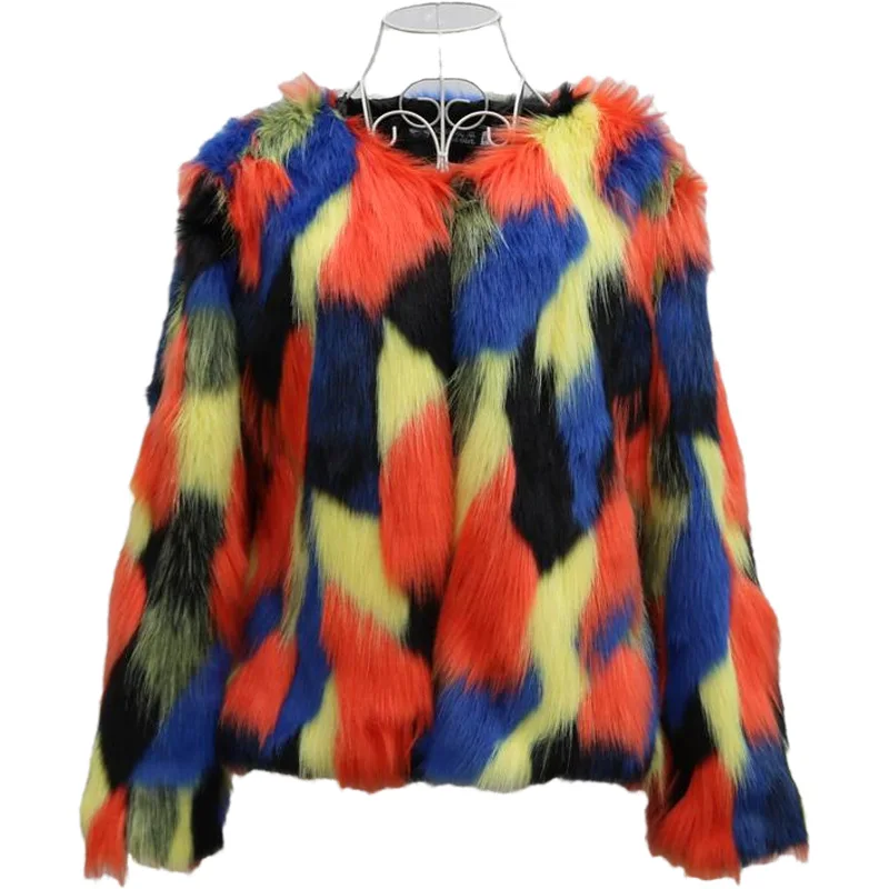 2026 Mantel Bulu Wanita Motif Cetak Kerah O Lengan Panjang Jaket Patchwork Kasual Jaket Bulu Imitasi Cardigan Mantel Tebal Hangat Musim Gugur Musim Dingin