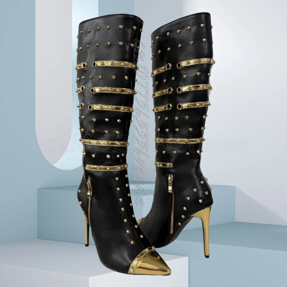 

Rhinestone Decor Black Knee High Boots Metal Pointed Toe Shoes for Women Metal Chain High Heels Boots 2025 Zapatos Para Mujere