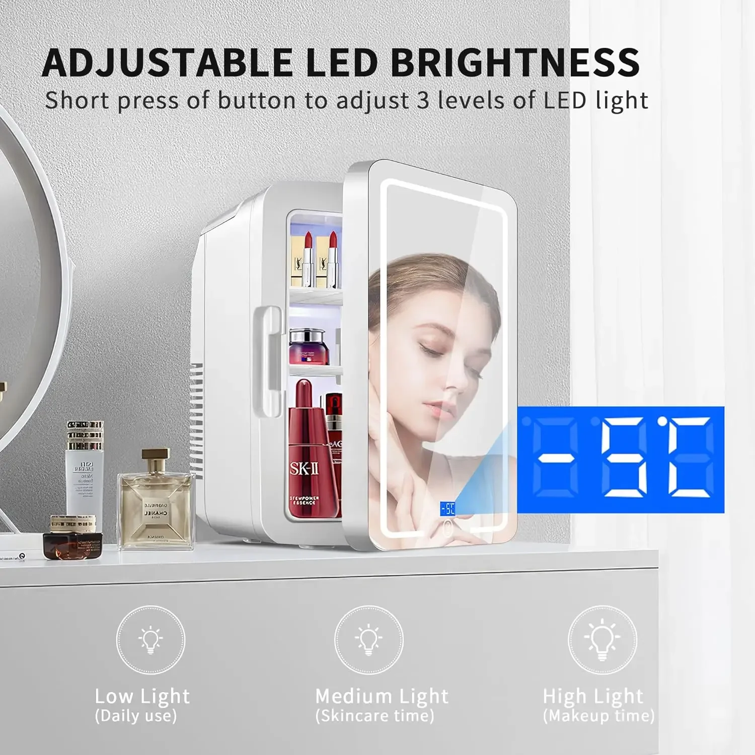 Mini Skincare Frigorífico com Espelho de Luz Regulável, Display Digital, Frigorífico Compacto, Frigorífico Maquilhagem Pequeno, Cooler and Warmer, 12L