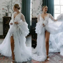 White Women Maternity Dresses for Photo Shoot V Neck Full Sleeves Robe Tiered Tulle Prom Wedding Pregnant Custom Made