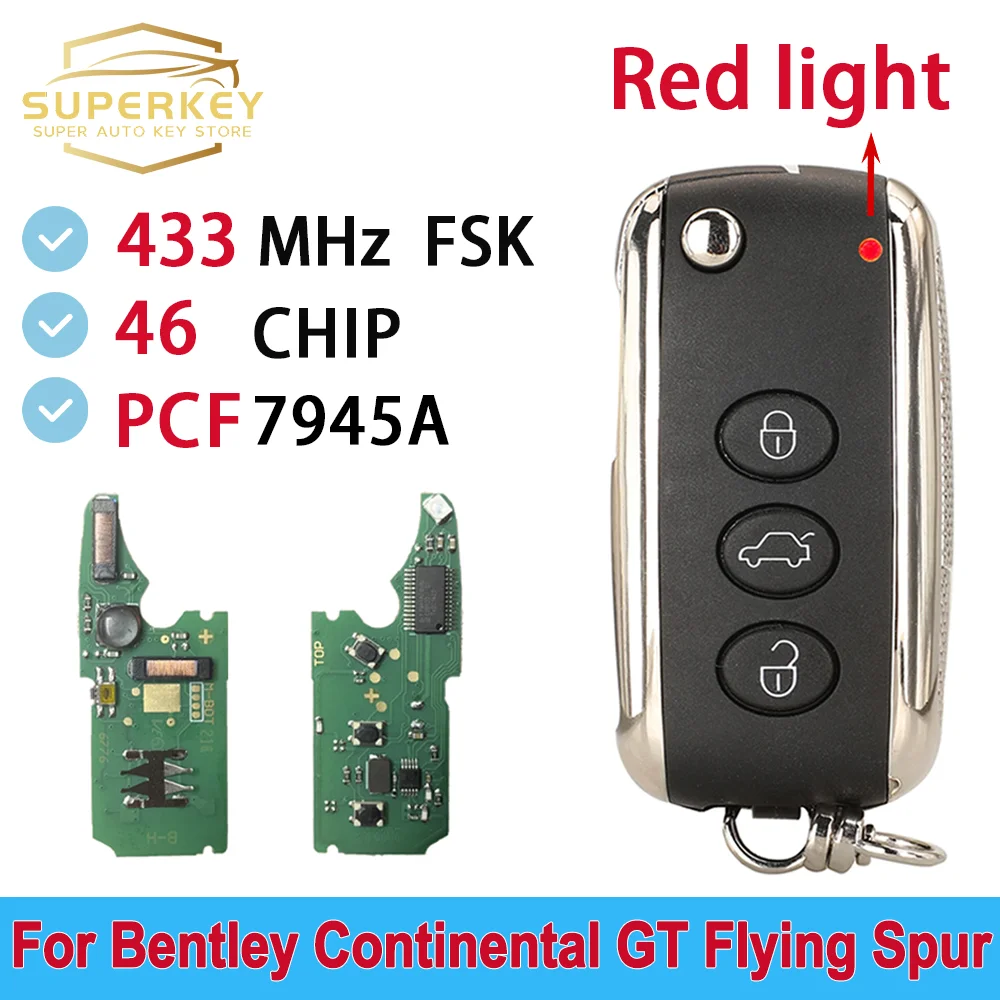 SUPERKEY 66CEA8E6 For Bentley Continental GT Flying Spur 433MHz 46 Chip PCF7945AC Keyless Flip Smart Car Key Red light