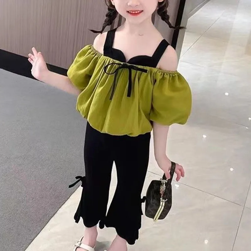 Summer New Girls Square Collar Off Shoulder Contrast Color Spliced Bow Fashionable Loose Sweet Puff Sleeve Elastic Pants Sets