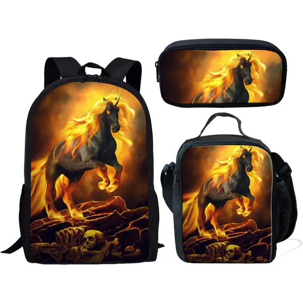 

Популярные креативные забавные Fire Crazy Horse с 3D принтом, 3 шт./компл., школьные сумки для ноутбука, рюкзак, сумка для обеда, пенал