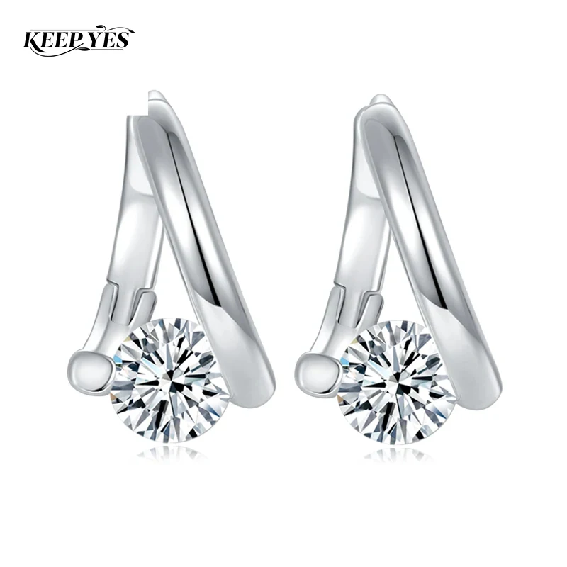 KEEP YES Round Cut 5mm Moissanite Diamond Huggie Women Hoop Earrings Platinum Plated Pass Diamond Tester 925 Sterling Silver