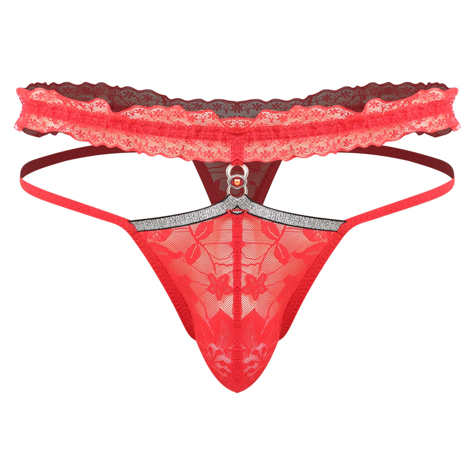 

Mens Sheer Floral Lace Thong Low Rise Bulge Pouch Elastic Waistband T-back Briefs Sissy Underwear for Dating Night Couple Games
