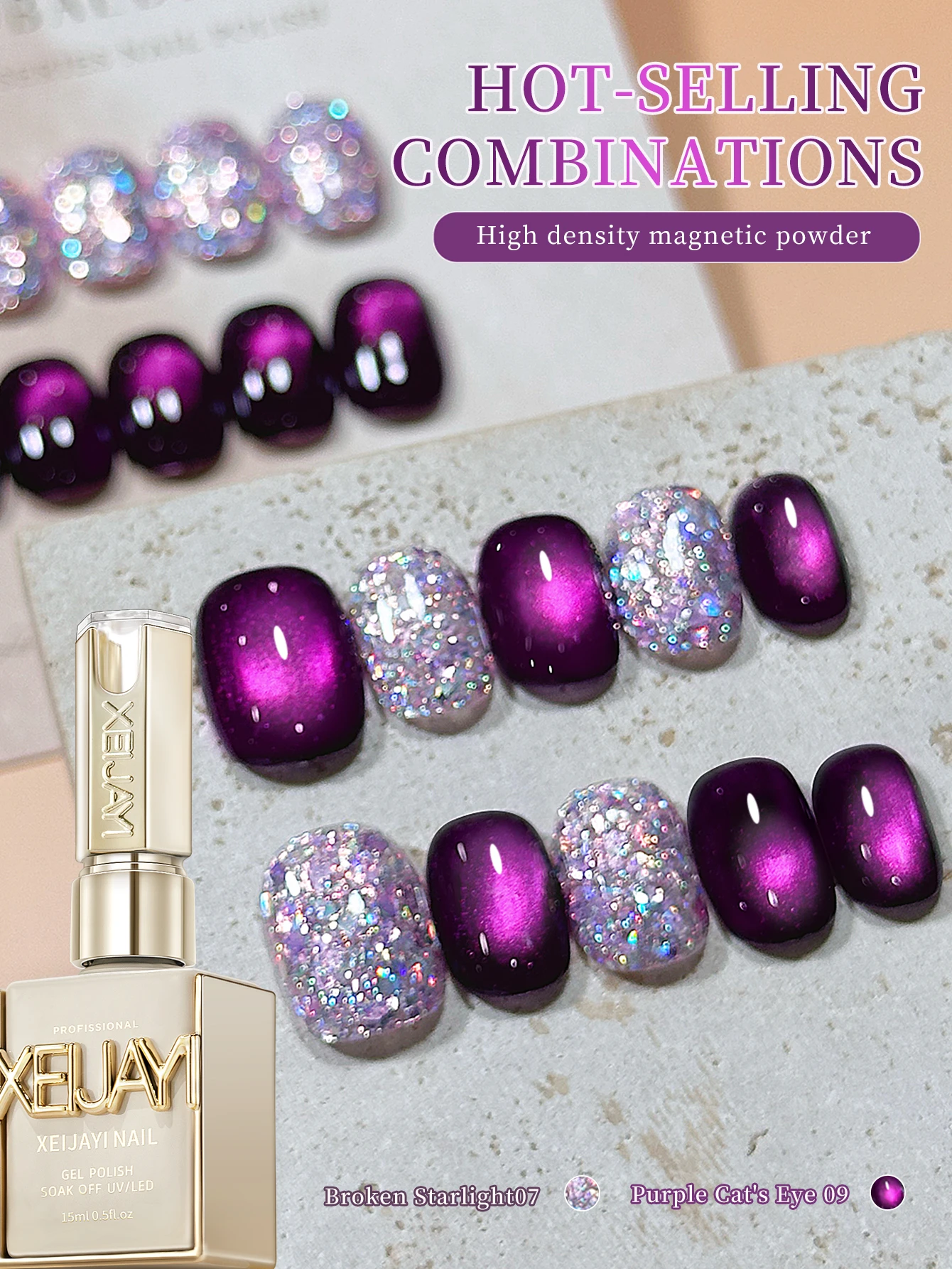 XEIJAYI 2 قطعة 15 مللي مجموعة طلاء أظافر جل عين القط الأرجواني ، جل أظافر نقع بالأشعة فوق البنفسجية LED ، شبه دائم ، جل فني عالي الجودة لصالونات التجميل بنفسك