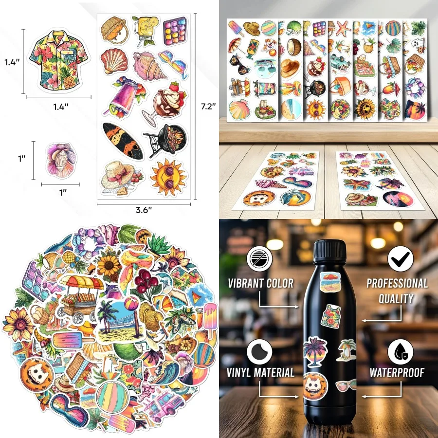 

108 PCS Summer Stickers Pack Waterproof Vinyl Decals for Laptop Water Bottles Skateboard Phone Beach Vacation Themed Decorative