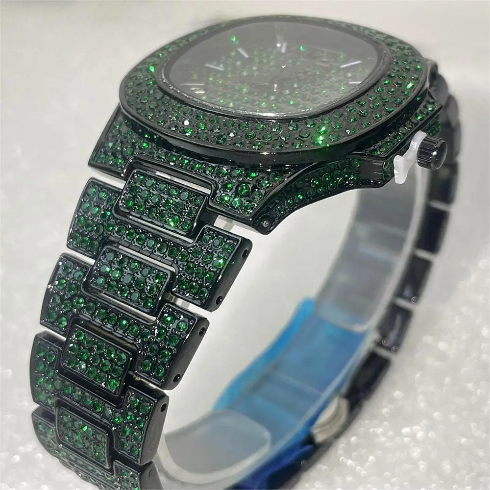 Vendita calda Fashion Green Iced Watch For Men orologio da polso al quarzo impermeabile in acciaio inossidabile uomo Hip Hop Diamond Jewelry orologi Reloj