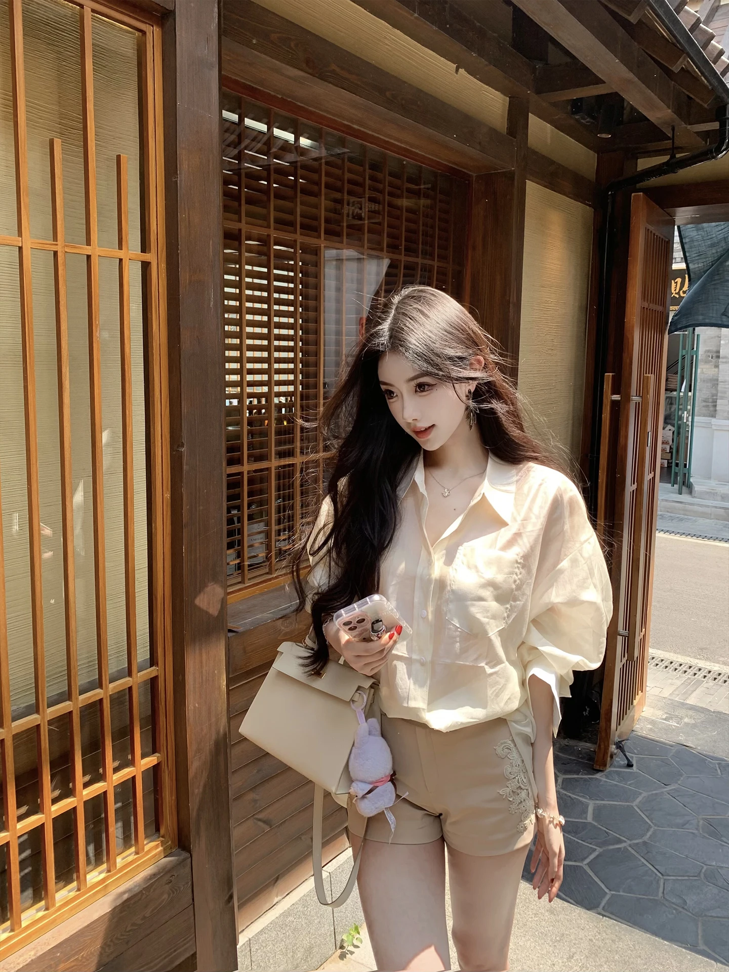 

J Studio Faionable Lace Patchwork irt High Waist Women's orts Micro Wrinkle Texture Summer Trendy Set