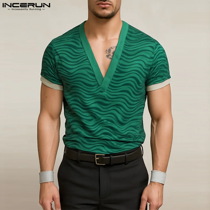 

INCERUN Мужская футболка с принтом в стиле пэчворк, мужские футболки с v-образным вырезом и короткими рукавами, летняя уличная одежда 2025 года, модная повседневная мужская одежда