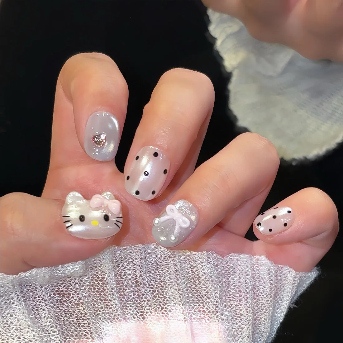 

10PCS Summer Green The Polka Dot Cat's Eye Short Nail Art Hello Kitty Cute Notes Handmade Acrylic Fake Nail Gift