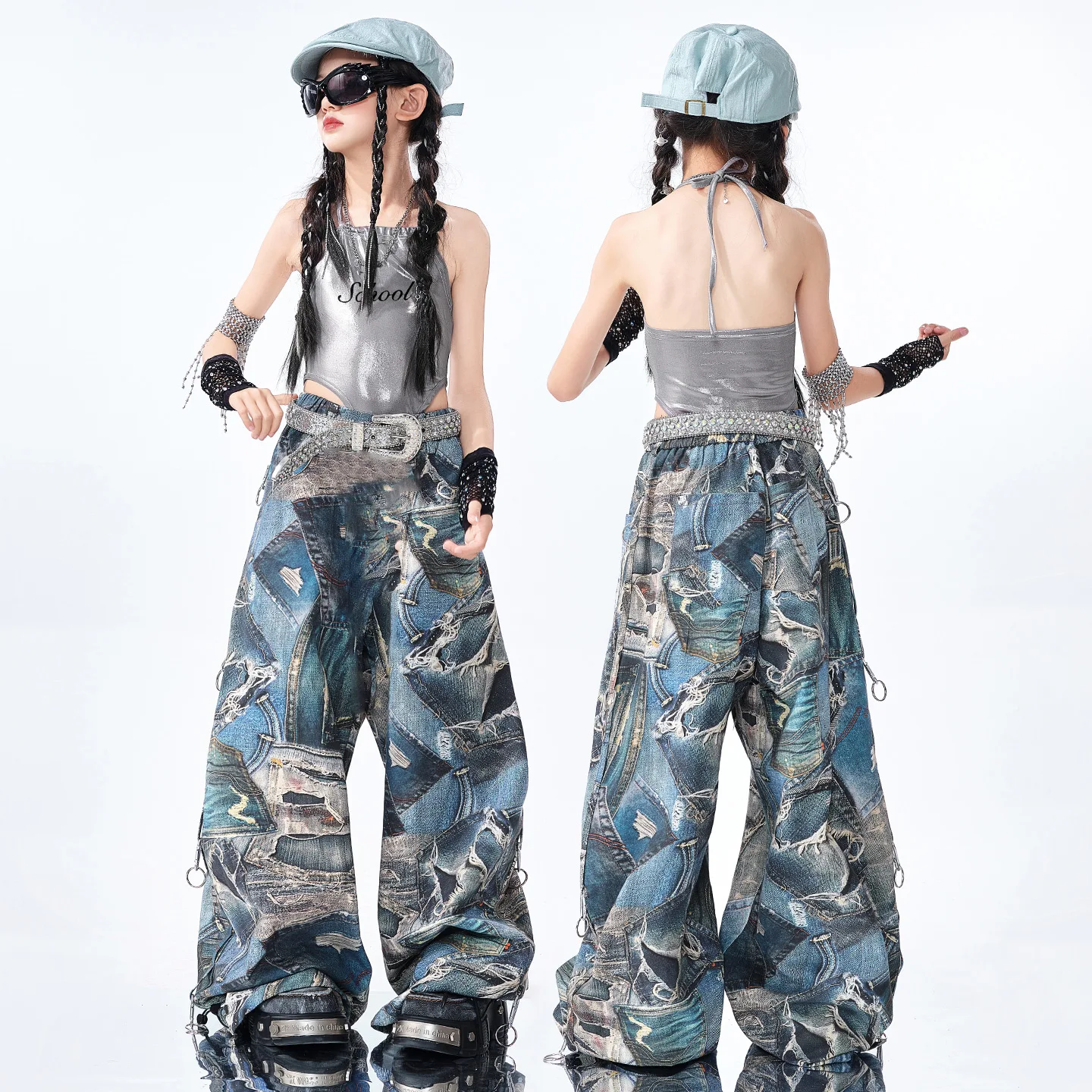 Mädchen Hip Hop Shiny Crop Camouflage Cargo Hosen Kinder Street Dance Mädchen Gruppe Kostüme Kinder Streetwear Jazz Kleidung Sets