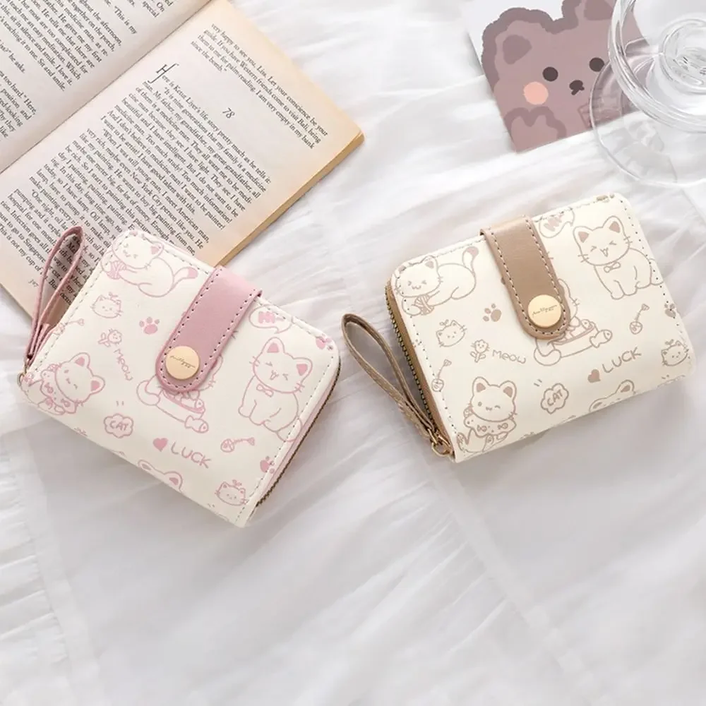 Dompet Koin Kucing Lucu Dompet Pendek Fashion Wanita Dompet Kapasitas Besar Kulit PU Tas Koin Uang Tunai Perjalanan Tempat Kartu ID Ringan