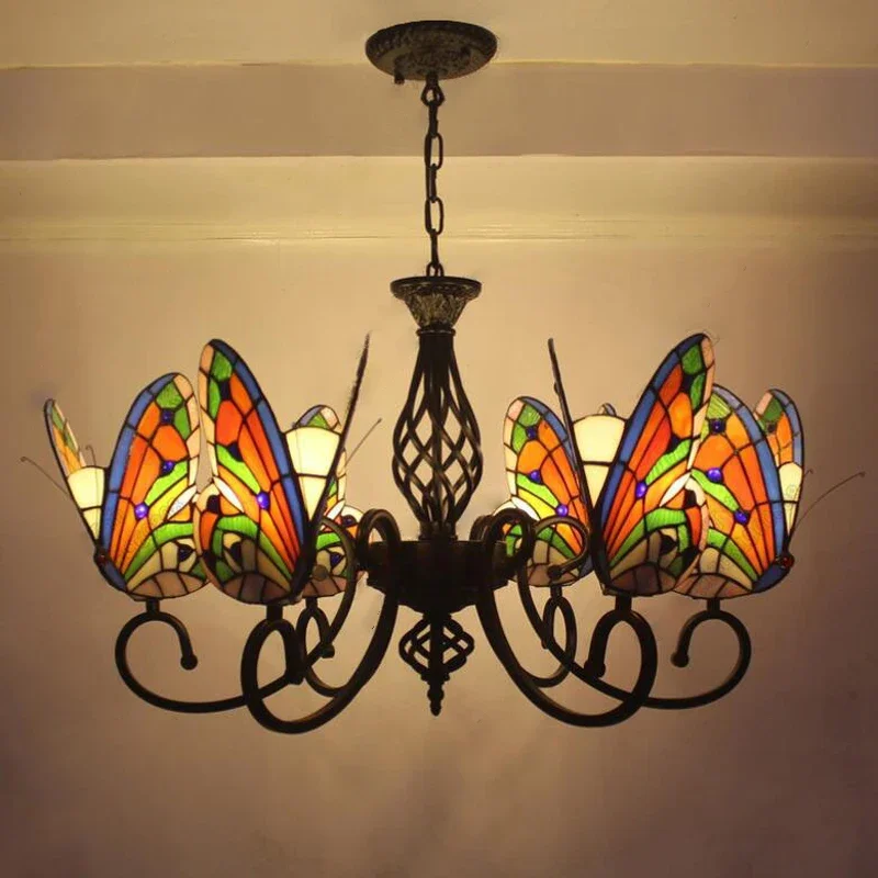 KERWIN Tiffany Butterfly Chandelier LED Vintage Creative Color Glass Pendant Lamp Decor for Home Living Room Bedroom Hotel