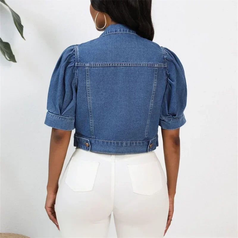 Women New Lapel Single Breasted Cardigan Denim Short Jacket Bubble Sleeve Outerwear Summer Casual Female Coat Stylish Streetwear