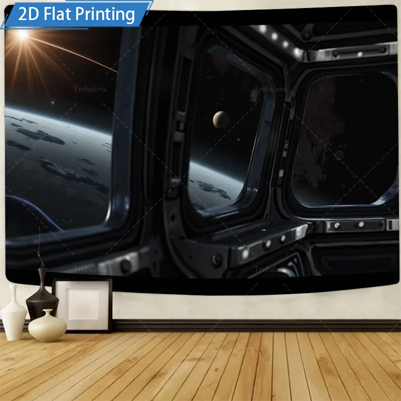 

1 шт., настенный гобелен, космическая станция, вид на окно, гобелен с принтом Земли и Луны, настенный гобелен