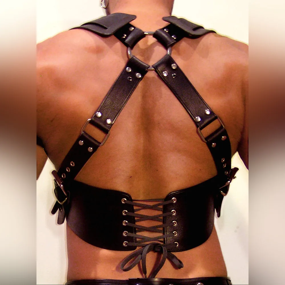 Sexy Men Faux Leather Adjustable Body Chest Harness Bondage Costume with Shoulder Armors Buckles Tights Zentai Top