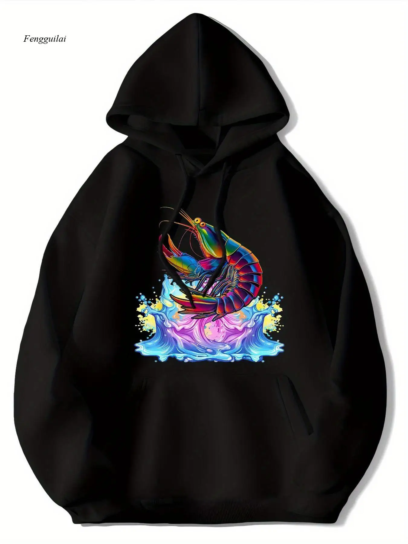 

Толстовка с радужными креветками — черная с графическим принтом из неоновых креветок и морепродуктов, мягкая дышащая ткань